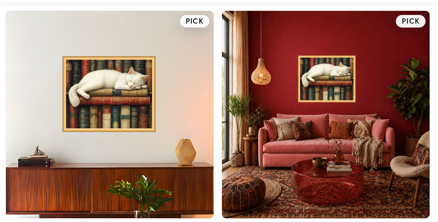 Two mockup scenes showing the artwork framed on a wall in different rooms